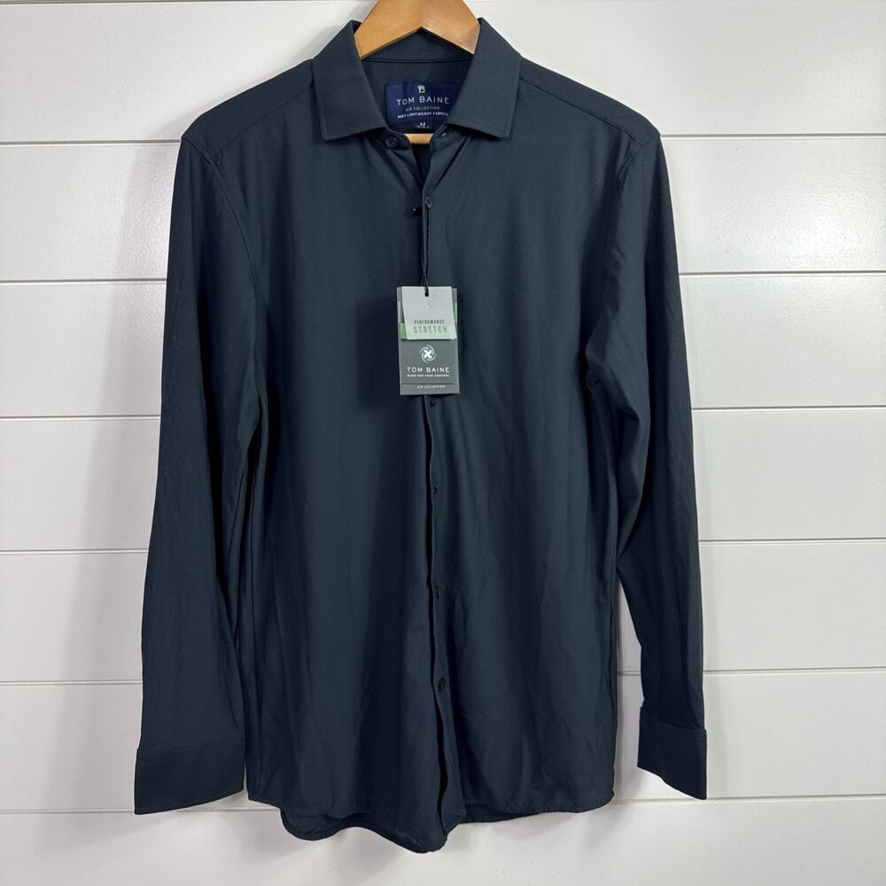 Tom Baine Performance Stretch Button Front Shirt Lightweight Navy Blue sz M